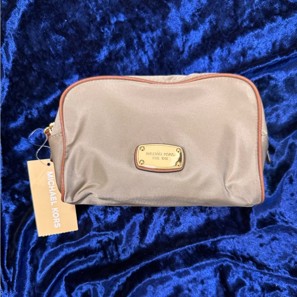 Michael Kors Taupe Cosmetic Pouch with Brown Trim and Gold Plate